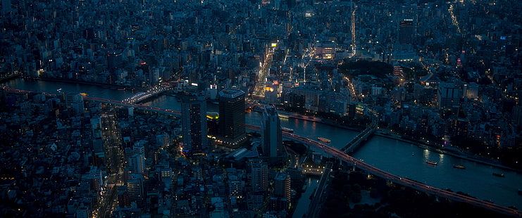 مباني المدينة ، اليابان ، طوكيو ، المدينة ، حركة المرور ، النهر ، ضوء الشارع ، المنظر الجوي، خلفية HD HD wallpaper