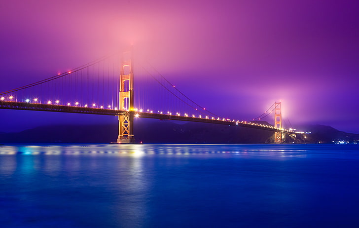 5K, Cityscape, Golden Gate Bridge, Night lights, California, Blue, Purple, San Francisco, HD wallpaper