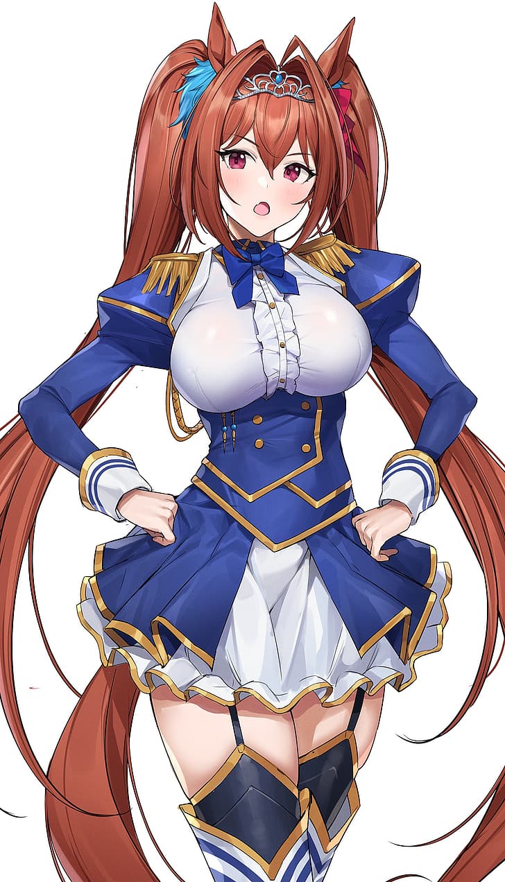 Uma Musume Pretty Derby, twintails, big boobs, thighs, garter straps, bangs, open mouth, purple eyes, hands on hips, Frill dress, curvy, simple background, looking at viewer, 2D, brunette, long hair, tiaras, animal ears, Daiwa Scarlet (Uma Musume: Pretty Derby), anime girls, red ribbon, hair ornament, standing, solo, anime, tail, dress, legs crossed, vertical, long sleeves, fan art, artwork, Hiyashi Yaki, HD wallpaper