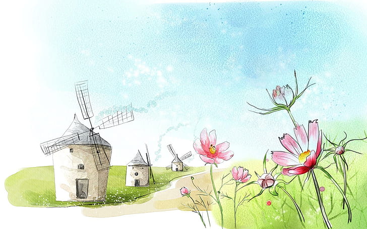 Mills, beige and grey windmill near pink flowers painting, landscape, romantic, nature, korean, mills, flowers, cityscape, cartoons, illustration, 3d and abstract, HD wallpaper