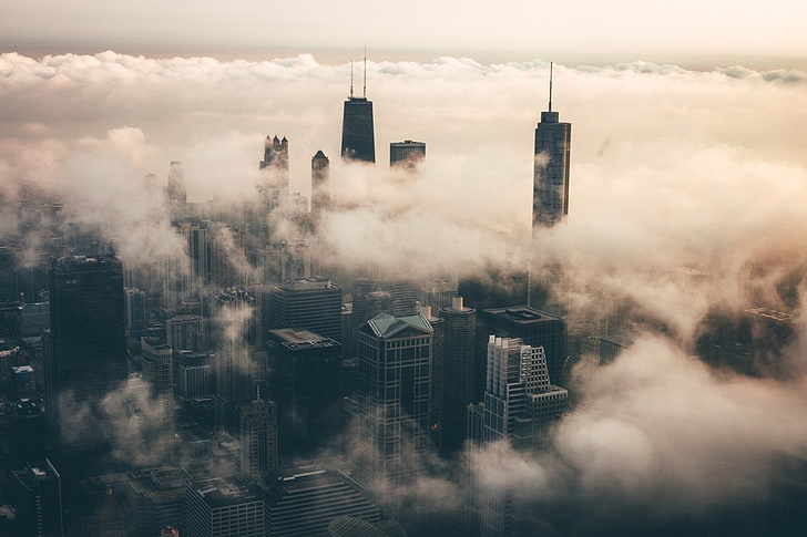 Города, Чикаго, Здания, Город, Туман, Небоскреб, США, HD обои