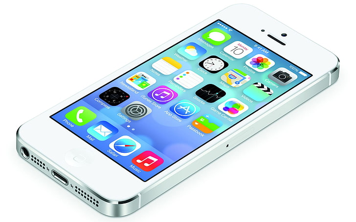 iPhone 5 blanc, facile, pomme, fond blanc, blanc, Lightning, icônes, mince, iPhone 5, visage argenté, écran de la rétine, iOS 7, Fond d'écran HD