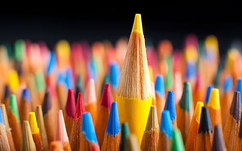 набор цветных ручек, макро, красный, синий, карандаши, цветные, желтый, зеленый, цветной, HD обои HD wallpaper