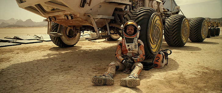 męski kombinezon kosmiczny biało-pomarańczowy, astronauta, sztuka cyfrowa, NASA, Marsjanin, Matt Damon, Tapety HD