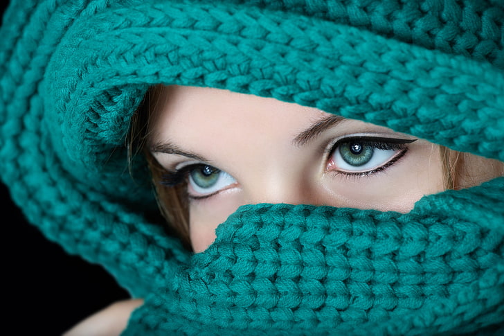 kobiety, modelka, twarz, niebieskie oczy, szalik, zielone oczy, Tapety HD