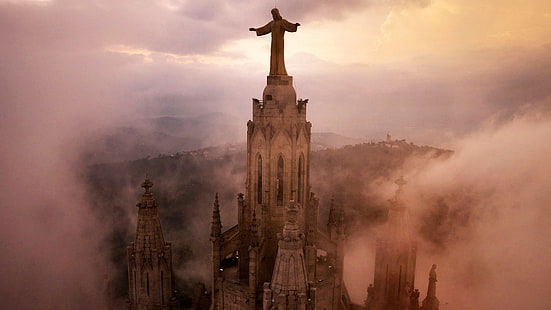 църква, Иисус, небе, облаци, Испания, Барселона, Саграт Кор, Европа, Каталония, изглед, HD тапет HD wallpaper