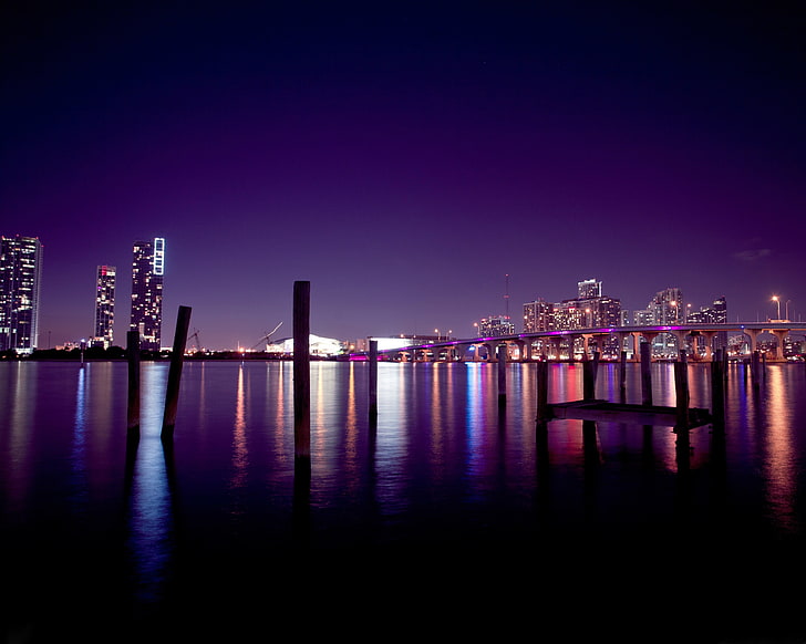 silhouette photo of sea dock, night, cityscape, Miami, HD wallpaper