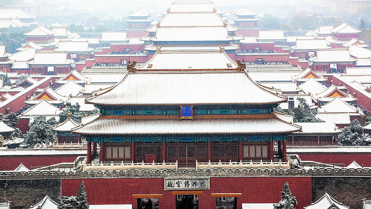 дворец, замок, Запретный город, Пекин, снег, зима, город, Китай, Азия, HD обои