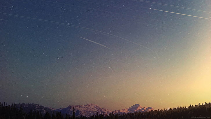 space, sunlight, nature, landscape, forest, shooting stars, sky, stars, mountains, watermarked, HD wallpaper