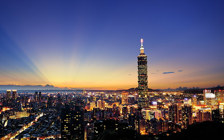 żółte światła budowlane, anime, budynek, światła, pejzaż miejski, Tajpej 101, Tajpej, Tajwan, Tapety HD