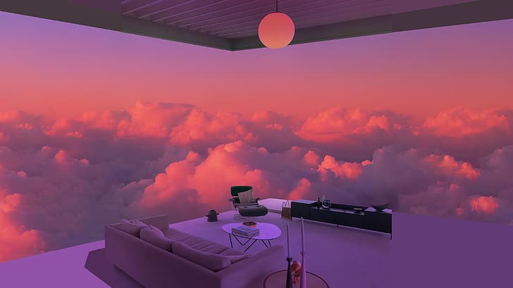 vaporwave, aestethic, Indig0, sunset, digital art, clouds, room, HD wallpaper