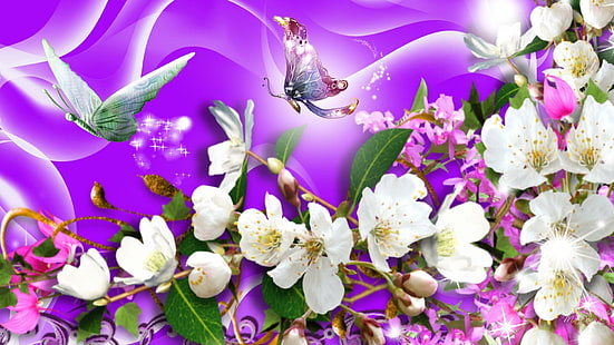 Por qué vuelan las mariposas, firefox persona, estrellas, humo, flores, destellos, primavera, flores de manzana, remolinos, brillos, mariposas, Fondo de pantalla HD HD wallpaper