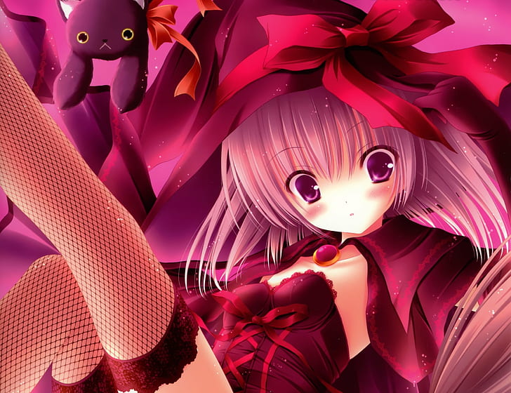 animal, cat, elbow, eyes, gloves, hair, original, pink, thighhighs, tinkle, witch, HD wallpaper