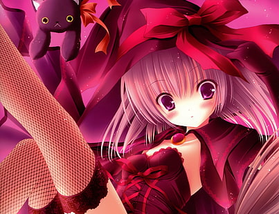 animal, cat, elbow, eyes, gloves, hair, original, pink, thighhighs, tinkle, witch, HD wallpaper HD wallpaper