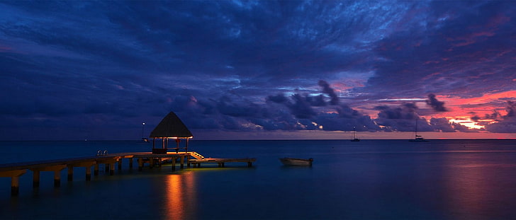 nature, tropical, dock, beach, island, sunset, sea, clouds, lights, sky, water, reflection, landscape, HD wallpaper