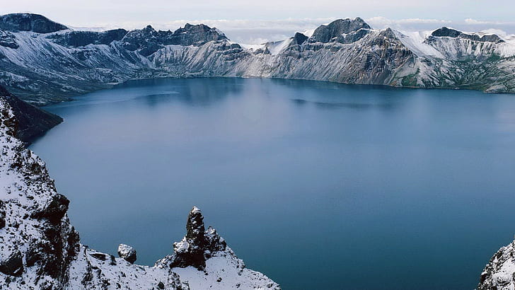 ธรรมชาติภูมิทัศน์ทะเลสาบฤดูหนาวภูเขาหิมะ, วอลล์เปเปอร์ HD
