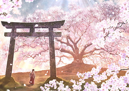 Anime, Original, Blüte, Kirschblüte, Blume, Mädchen, Orientalisch, Blütenblatt, Rosa Blume, Schrein, Frühling, Traditionelle Kleidung, Baum, HD-Hintergrundbild HD wallpaper