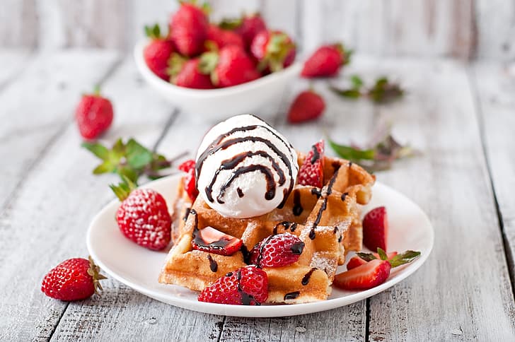berries, strawberry, plate, ice cream, dessert, waffles, HD wallpaper