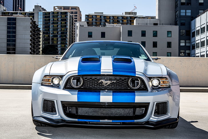 white and blue striped Ford Mustang parked on gray concrete road during daytime, Ford Mustang GT, HD, 5K, HD wallpaper