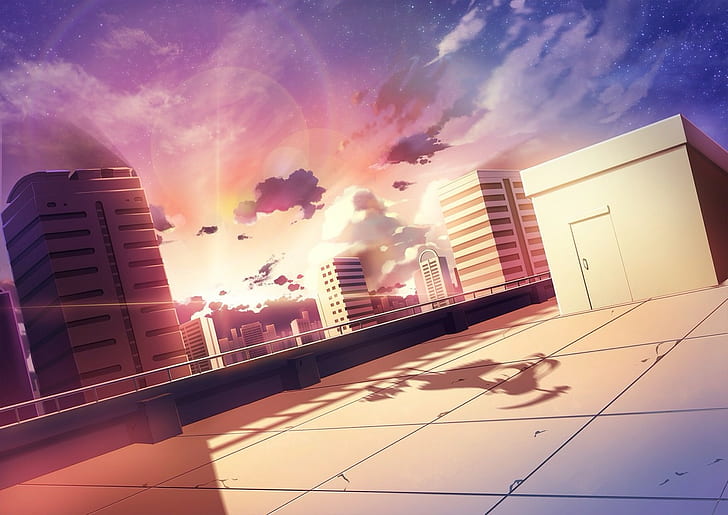 anime, lumière du soleil, bâtiment, toits, gratte-ciel, ombrage doux, Shinigami no Baraddo, Fond d'écran HD