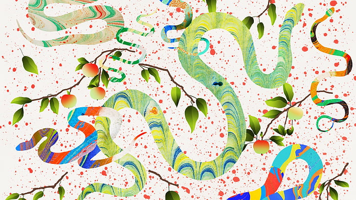 digital art abstract artwork animals snake branch leaves paint splatter white background fruit apples colorful, HD wallpaper
