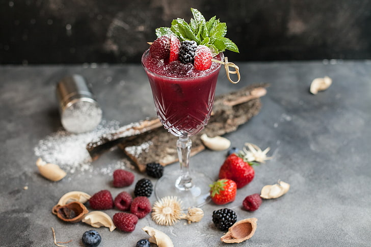 berries, raspberry, cocktail, drink, mint, BlackBerry, powdered sugar, HD wallpaper