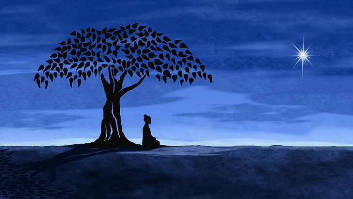 silhuett av personen som sitter bredvid träd, silhuett av mannen under trädmålningen, digital konst, konstverk, män, silhuett, träd, mark, horisont, löv, sittande, stjärnor, meditation, lycka, skugga, Buddha, buddhism, HD tapet