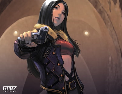 женски аниме герой в черно яке, държащ пистолет, картечница, Gunz, Тактическа игра, пистолет, онлайн, жени, произведения на изкуството, гледащ зрителя, корем, момичета с пистолети, Gunz: The Duel, HD тапет HD wallpaper