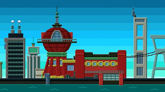 ilustrasi pixelated gedung merah, Futurama, planet express, 8-bit, TV, Wallpaper HD HD wallpaper