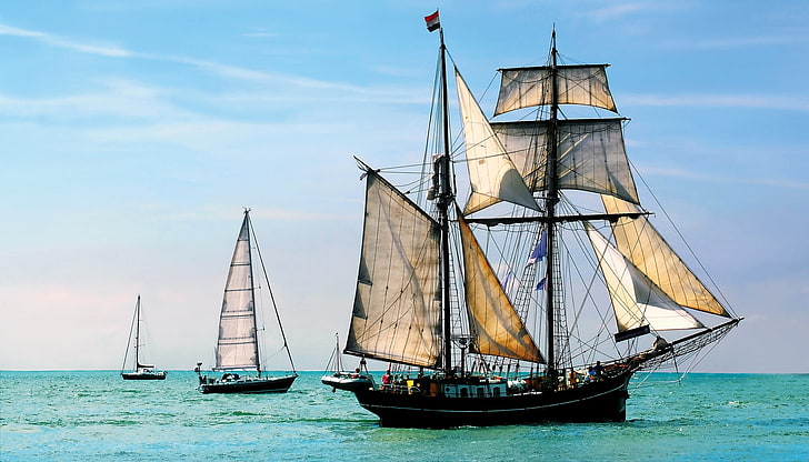 Schwarzweiss-Segelschiff, Meer, der Himmel, Boot, Schiff, Segelboot, Yacht, HD-Hintergrundbild