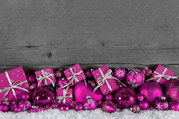 pink gift box lot, New Year, Christmas, gifts, wood, snow, decoration, HD wallpaper