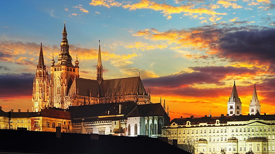 kväll, Europa, byggnad, historia, St Vitus-katedralen, Tjeckien, Prag, moln, solnedgång, himmel, stad, skymning, stadsbild, Prags slott, spir, torn, turistattraktion, landmärke, HD tapet HD wallpaper