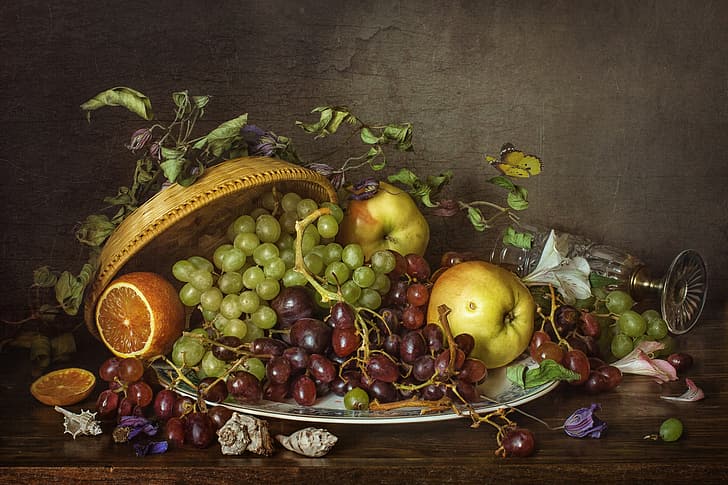 apples, orange, plate, grapes, shell, still life, HD wallpaper