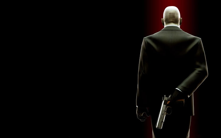 man holding gray semi-automatic pistol graphic game wallpaper, hitman, barcode, bald, pistol, agent 47, HD wallpaper