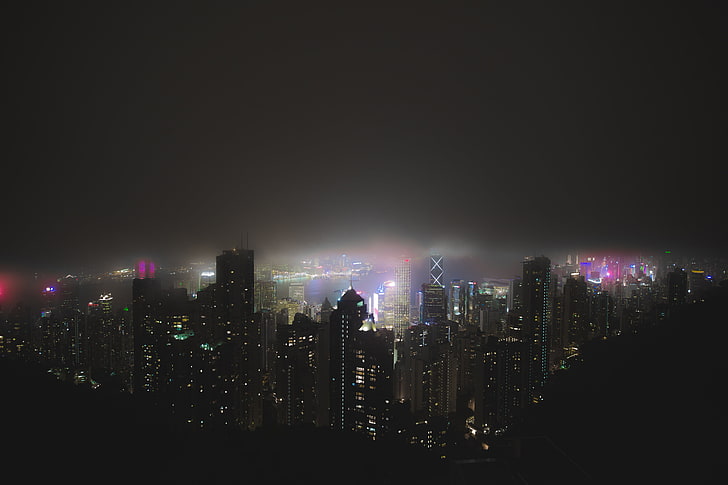 grattacieli assortiti, Hong Kong, vista posteriore, neon, nebbia, Instagram, Sfondo HD