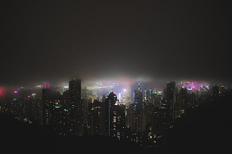 асорти високи сгради, Хонконг, изглед отзад, неон, мъгла, Instagram, HD тапет HD wallpaper