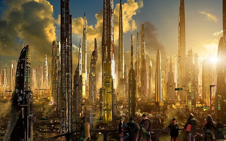 braune hölzerne gerahmte Glasscheibe Vitrine, futuristisch, futuristische Stadt, Science-Fiction, HD-Hintergrundbild