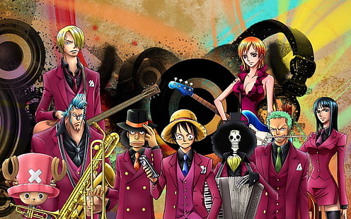 ภาพประกอบ One Piece Strawhat Pirates, Anime, One Piece, Brook (One Piece), Franky (One Piece), Monkey D. Luffy, Music, Nami (One Piece), Nico Robin, Sanji (One Piece), Tony Tony Chopper, Usopp (One Piece) โซโลโรโรโนอา, วอลล์เปเปอร์ HD HD wallpaper