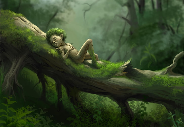 duende durmiendo en el fondo de pantalla digital de tronco de árbol, bosque, hierba, árbol, estancia, musgo, arte, hombre, Fondo de pantalla HD