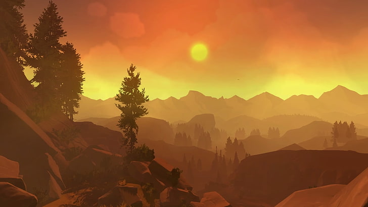 Ilustración de montañas y árboles, Firewatch, en el juego, luz solar, bosque, puesta de sol, Fondo de pantalla HD