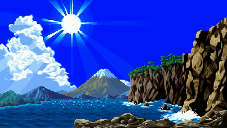 air, pixel art, laut, pixelated, cliff, awan, sinar matahari, seni digital, rock, pegunungan, Sun, bukit, pohon, alam, gelombang, piksel, Wallpaper HD