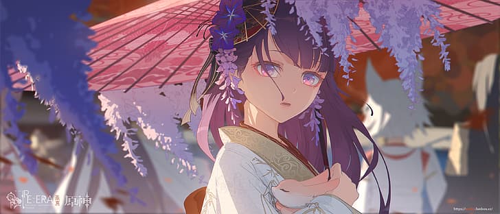 Genshin Impact, artwork, Raiden Shogun (Genshin Impact), Yae Miko (Genshin Impact), purple hair, purple eyes, fox, umbrella, flowers, void_0, HD wallpaper
