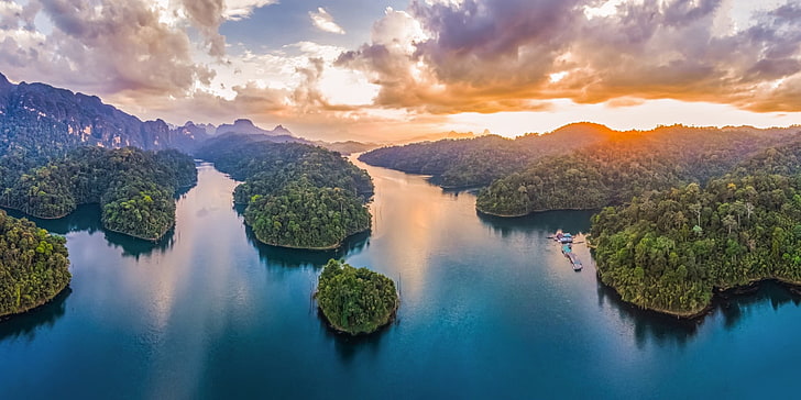 islands, lake, sunset, Thailand, clouds, island, forest, mountains, water, turquoise, nature, tropical, landscape, HD wallpaper