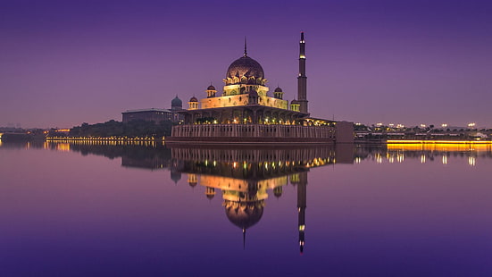 night, putrajaya, asia, putra mosque, malaysia, evening, calm, reflected, lake, reflection, purple sky, mosque, dusk, dome, sky, tourist attraction, landmark, HD wallpaper HD wallpaper