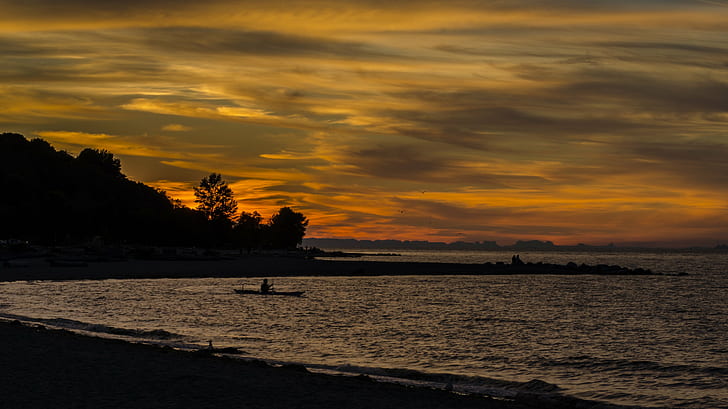 photo of shoreline during sunset, Spanish Banks, Sunset, photo, shoreline, Kayak, Ocean, Brilliant, Nikon  D7000, Vancouver, English Bay, sea, nature, dusk, beach, water, HD wallpaper