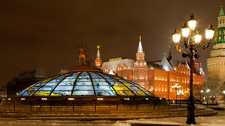 архитектура, здание, город, Москва, Россия, столица, ночь, уличный фонарь, лампа, зима, снег, статуя, башня, мемориал, памятник, скульптура, история, HD обои