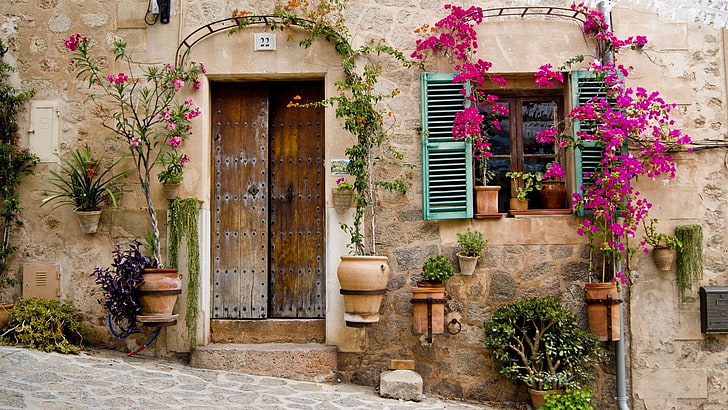 ประตูไม้สีน้ำตาล, ดอกไม้, หน้าต่าง, บ้าน, ประตู, บ้าน, สถาปัตยกรรม, หน้าต่าง, วอลล์เปเปอร์ HD