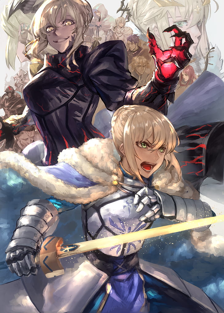 Fate Series, Fate/Stay Night, Fate/Grand Order, fate/stay night: heaven's feel, anime girls, fantasy weapon, fantasy armor, 2D, fan art, blond hair, smiling, Saber, Arturia Pendragon, green eyes, vertical, Saber of Red, Mordred (Fate/Apocrypha), Saber Alter, Arturia (Lancer), Bedivere (Fate/Grand Order), Caster (Fate/Zero), Berserker (Fate/Zero), HD wallpaper