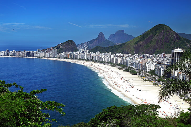 водоем, море, пляж, небо, горы, синий, побережье, дома, панорама, Бразилия, вид сверху, Рио-де-Жанейро, HD обои