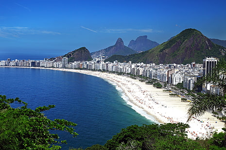 водоем, море, пляж, небо, горы, синий, побережье, дома, панорама, Бразилия, вид сверху, Рио-де-Жанейро, HD обои HD wallpaper